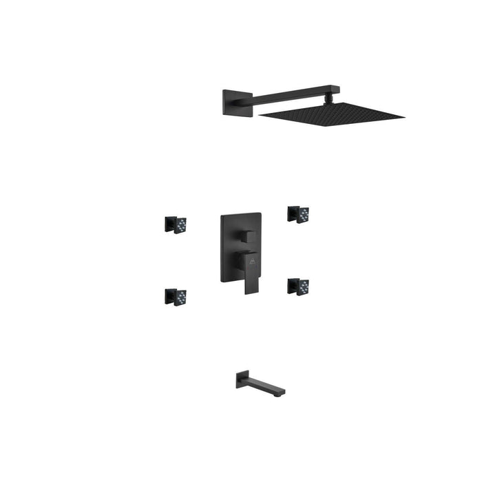 KubeBath Aqua Piazza Shower Set with Square Rain Shower, 4 Body Jets and Tub Filler KubeBath