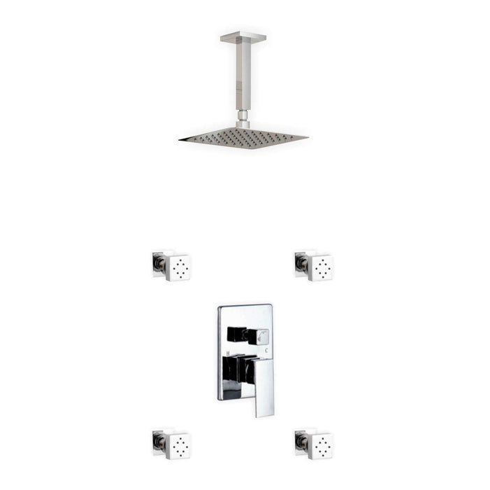 KubeBath Aqua Piazza Shower Set with Ceiling Mount Square Rain Shower and 4 Body Jets KubeBath