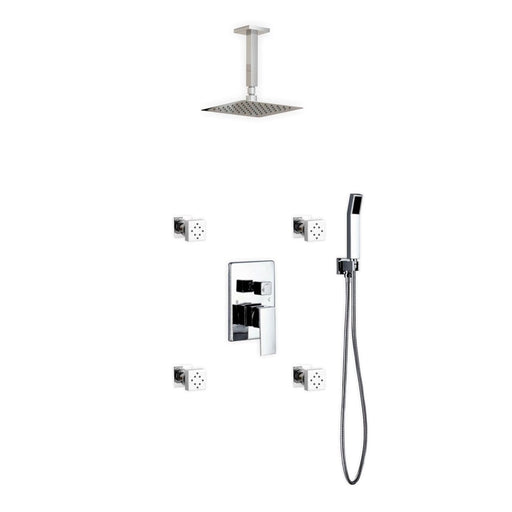 KubeBath Aqua Piazza Shower Set with Ceiling Mount Square Rain Shower, Handheld and 4 Body Jets KubeBath