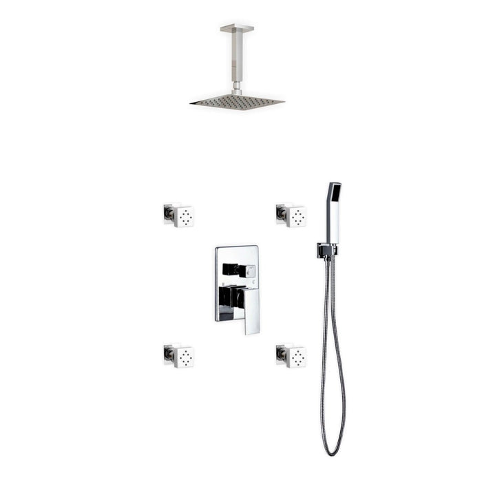 KubeBath Aqua Piazza Shower Set with Ceiling Mount Square Rain Shower, Handheld and 4 Body Jets KubeBath