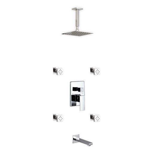 KubeBath Aqua Piazza Brass Shower Set with Ceiling Mount Square Rain Shower, Tub Filler and 4 Body Jets KubeBath