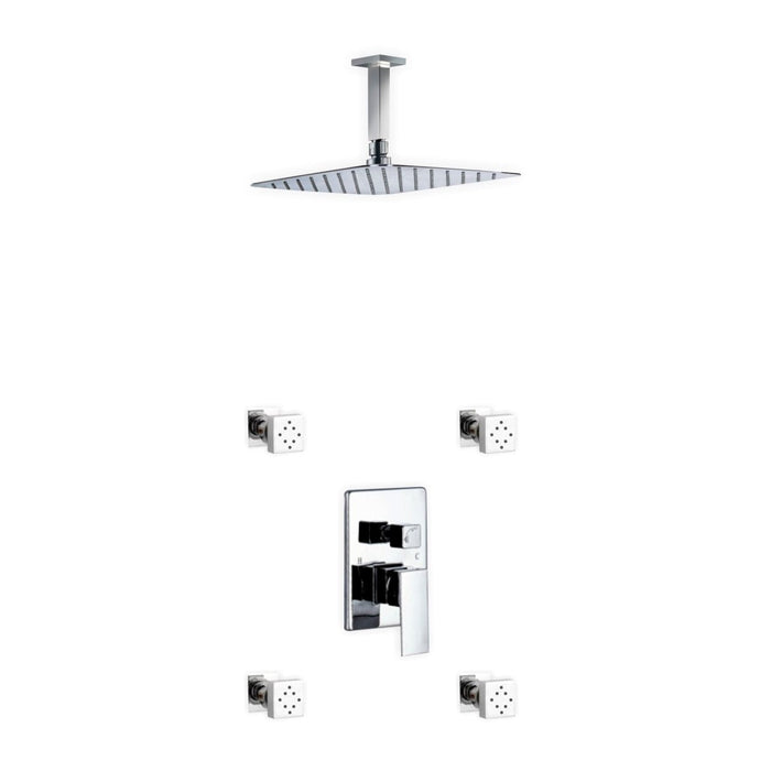 KubeBath Aqua Piazza Shower Set with Ceiling Mount Square Rain Shower and 4 Body Jets KubeBath