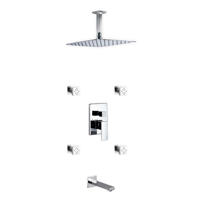 KubeBath Aqua Piazza Brass Shower Set with Ceiling Mount Square Rain Shower, Tub Filler and 4 Body Jets KubeBath
