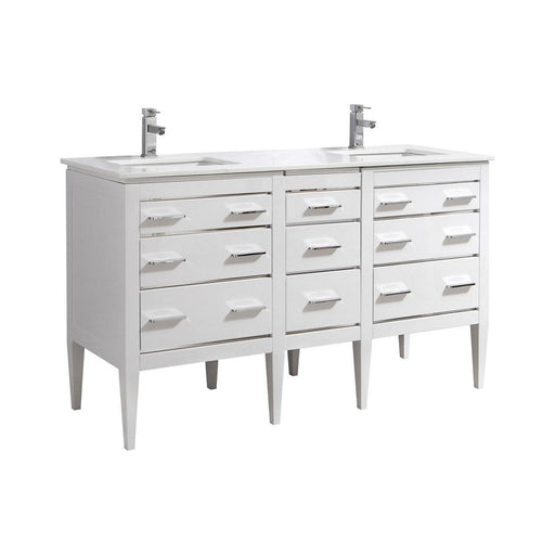 KubeBath Eiffel 60'' Double Sink High Gloss White Vanity with Quartz Counter Top KubeBath