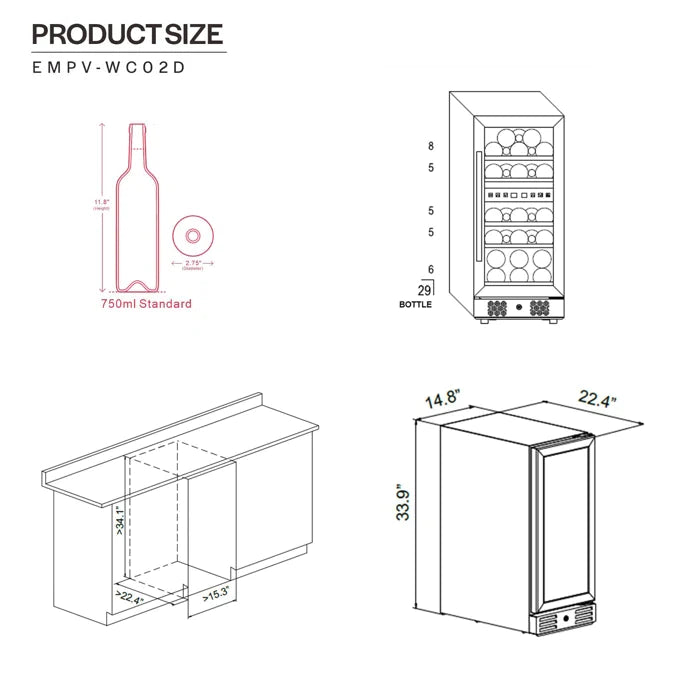 Empava 15" 29 Bottle Dual Zone Wine Cooler, EMPV-WC02D Empava