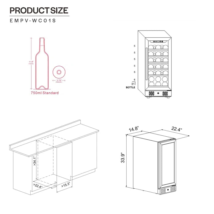 Empava 15" 31 Bottle Wine Cooler, EMPV-WC01S Empava
