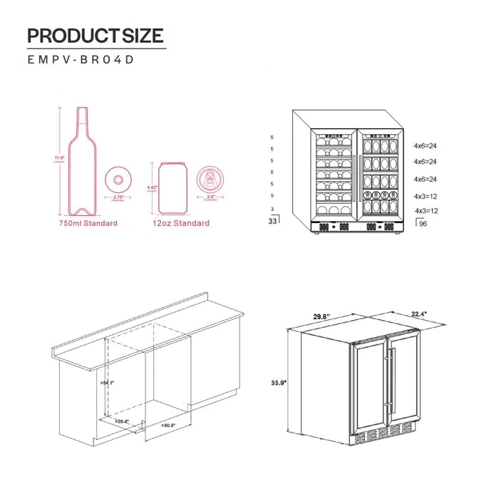 Empava 24" 20 Bottle and 79 Can Dual Zone Wine Cooler and Beverage Cooler, EMPV-BR04D Empava