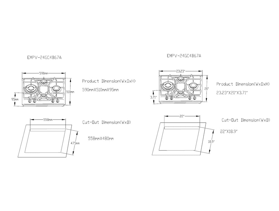 Empava 24" Stainless Steel Built-In Cooktop with 4 Gas Burners, EMPV-24GC4B67A Empava