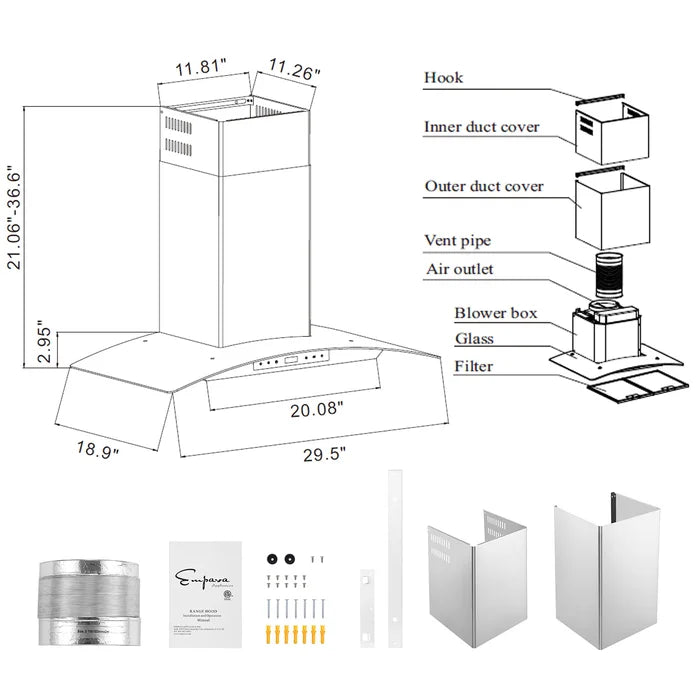 Empava 30" 400 CFM Convertible Vent Wall Mount Range Hood, EMPV-30RH06 Empava