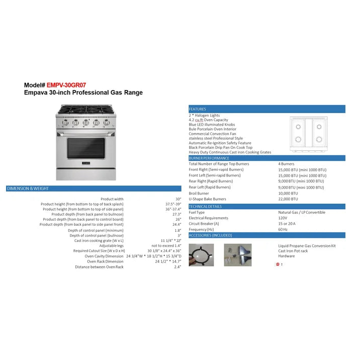 Empava 30" Slide-In Single Oven Natural Gas Range with 4 Burners - 4.2 cu.ft, EMPV-30GR07 Empava