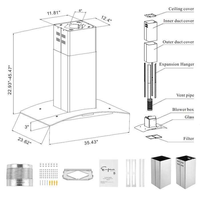 Empava 36" 400 CFM Convertible Island Wall Mount Range Hood, EMPV-36RH09 Empava