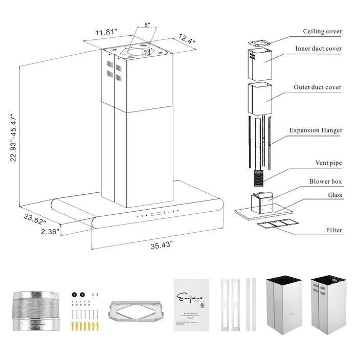 Empava 36" 400 CFM Convertible Island Wall Mount Range Hood, EMPV-36RH10 Empava