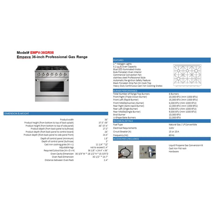 Empava 36" Slide-In Single Oven Natural Gas Range with 6 Burners - 5.2 cu.ft, EMPV-36GR08 Empava