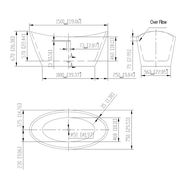 Empava 59" Freestanding Soaking Bathtub, EMPV-59FT1518 Empava