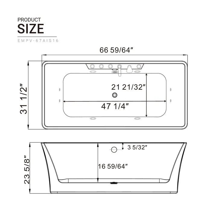 Empava 67" Freestanding Flat Bottom Whirlpool Bathtub with Faucet, EMPV-67AIS16 Empava