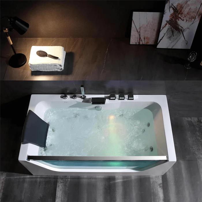 Empava 67" Modern Alcove Whirlpool Bathtub with Center Drain and LED Lights, EMPV-67JT408LED