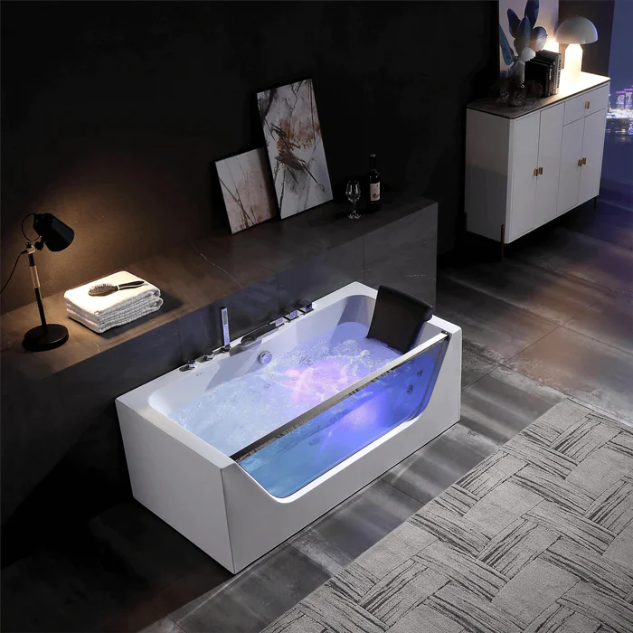 Empava 67" Modern Alcove Whirlpool Bathtub with Center Drain and LED Lights, EMPV-67JT408LED Empava