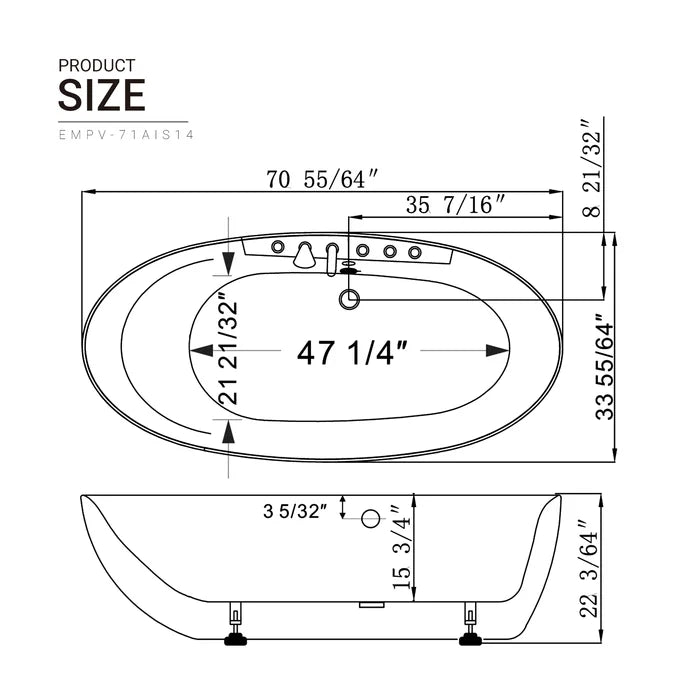 Empava 71" Freestanding Oval Whirlpool Bathtub with Faucet, EMPV-71AIS14 Empava