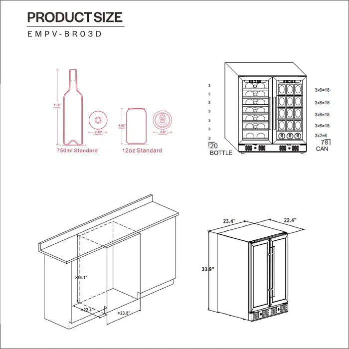 Empava 24" 20 Bottle and 78 Can Dual Zone Wine Cooler & Beverage Fridge, EMPV-BR03D Empava