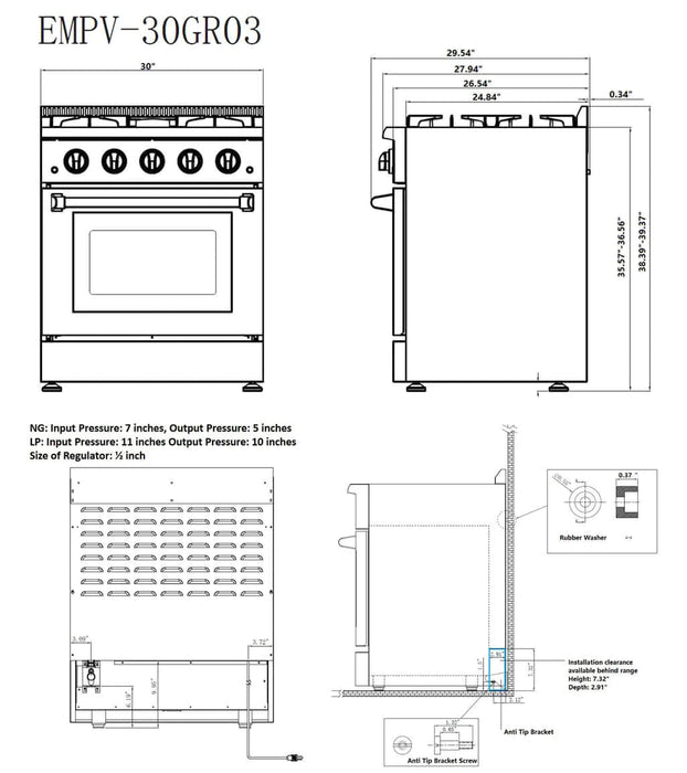 Empava 30" Slide-In Single Oven Natural Gas Range with 4 Burners - 4.2 cu. ft., EMPV-30GR03 Empava