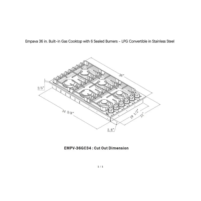 Empava 36" Stainless Steel Built-In Cooktop with 6 Gas Burners, EMPV-36GC34 Empava