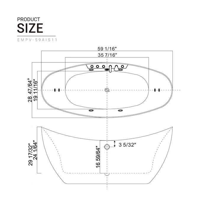 Empava 59" Freestanding Hourglass Whirlpool Bathtub with Faucet, EMPV-59AIS11 Empava