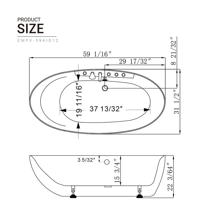 Empava 59" Freestanding Oval Whirlpool Bathtub with Faucet, EMPV-59AIS12 Empava