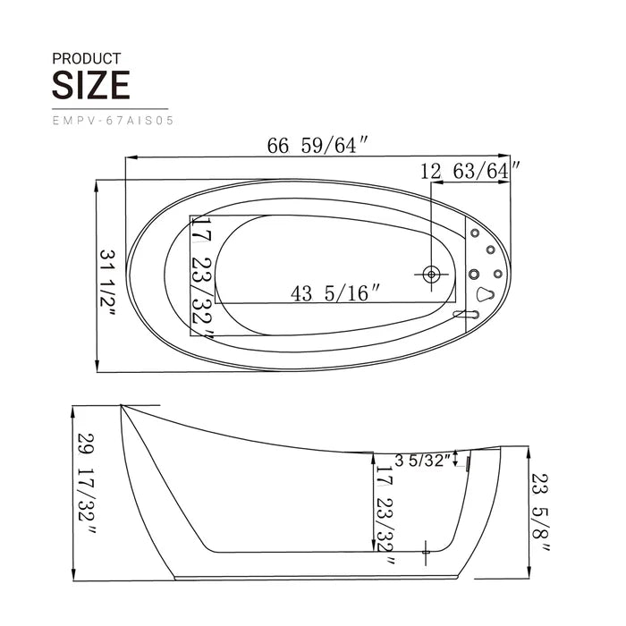 Empava 67" Freestanding Oval Whirlpool Acrylic Bathtub with Faucet, EMPV-67AIS05 Empava