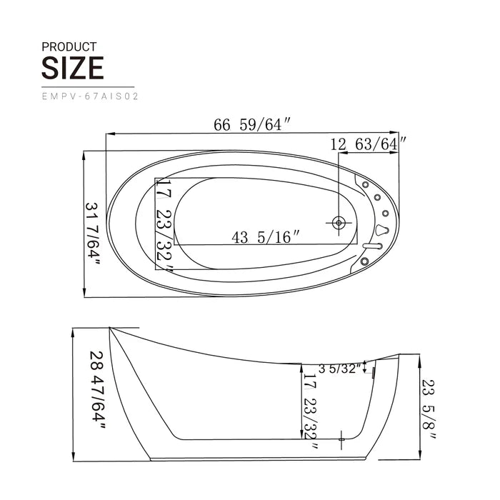 Empava 67" Freestanding Whirlpool Acrylic Bathtub with Faucet, EMPV-67AIS02 Empava