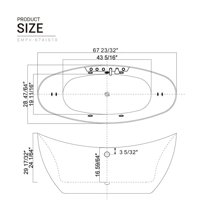 Empava 67" Freestanding Hourglass Whirlpool Bathtub with Faucet, EMPV-67AIS10 Empava