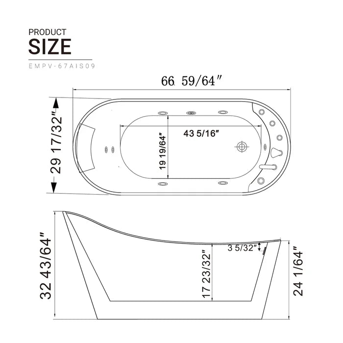 Empava 67" Freestanding Oval Whirlpool Bathtub with Faucet, EMPV-67AIS09 Empava
