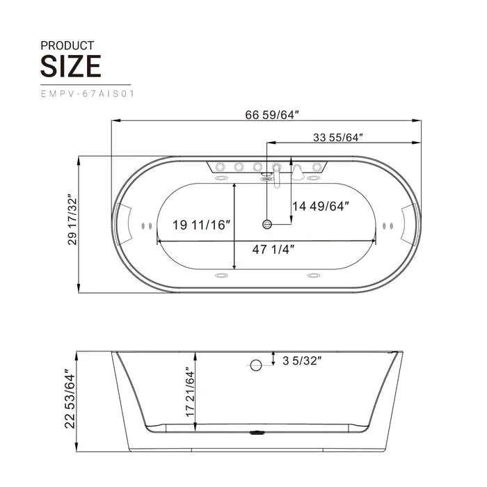 Empava 67" Freestanding Whirlpool Bathtub with Faucet, EMPV-67AIS01 Empava