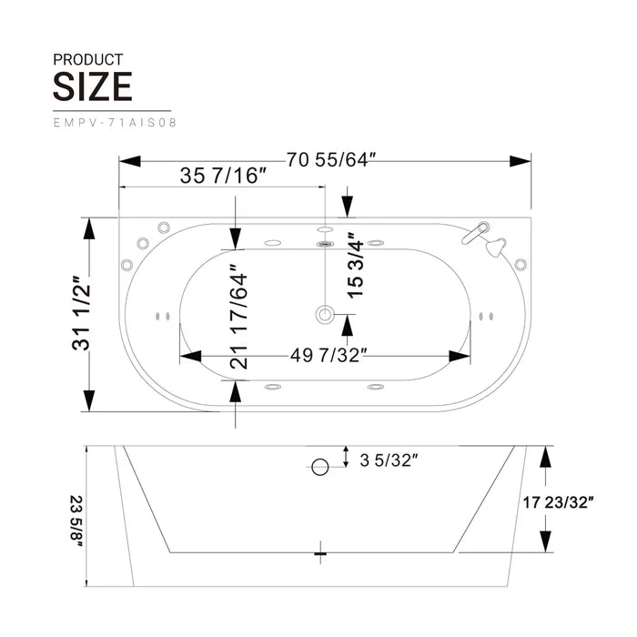 Empava 71" Freestanding Oval Whirlpool Bathtub with Faucet, EMPV-71AIS08 Empava