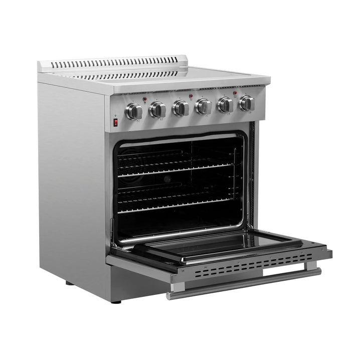 Forno 4-Piece Appliance Package - 30-Inch Electric Range, Wall Mount Range Hood, Pro-Style Refrigerator, and Dishwasher in Stainless Steel FORNO