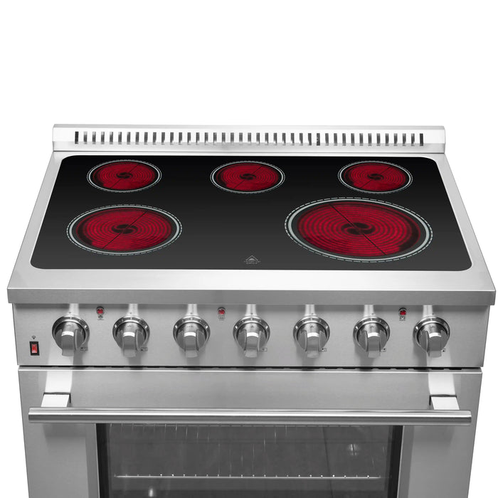 Forno 4-Piece Appliance Package - 36-Inch Electric Range, Pro-Style Refrigerator, Dishwasher, and Microwave Drawer in Stainless Steel FORNO