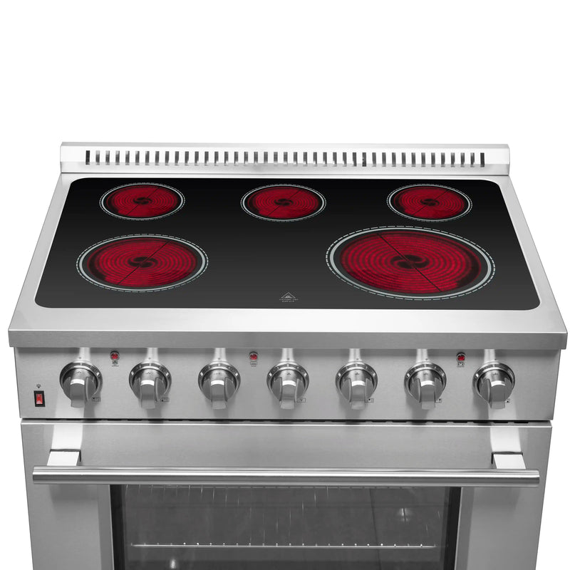 Forno 5-Piece Appliance Package - 36-Inch Electric Range, Wall Mount Range Hood, Pro-Style Refrigerator, Dishwasher, and Microwave Oven in Stainless Steel