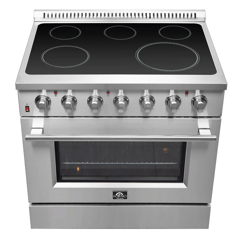 Forno 5-Piece Appliance Package - 36-Inch Electric Range, Wall Mount Range Hood, Pro-Style Refrigerator, Dishwasher, and Microwave Drawer in Stainless Steel