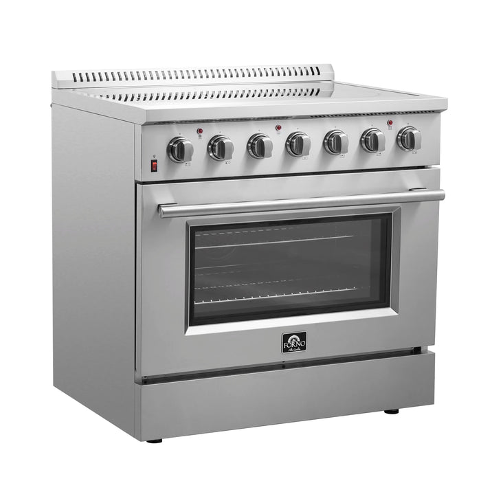 Forno 5-Piece Appliance Package - 36-Inch Electric Range, Wall Mount Range Hood with Backsplash, Pro-Style Refrigerator, Dishwasher, and Microwave Drawer in Stainless Steel FORNO