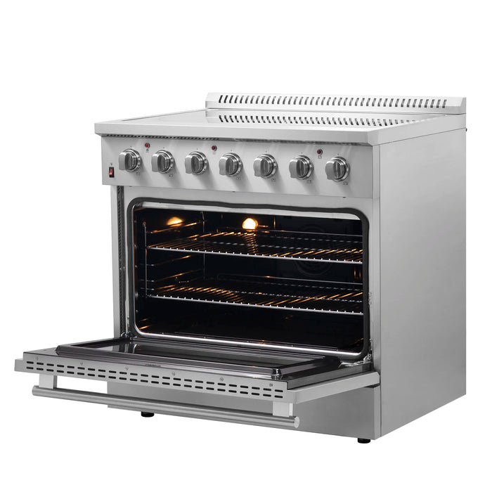 Forno 5-Piece Appliance Package - 36-Inch Electric Range, Wall Mount Range Hood with Backsplash, French Door Refrigerator, Dishwasher, and Microwave Drawer in Stainless Steel FORNO
