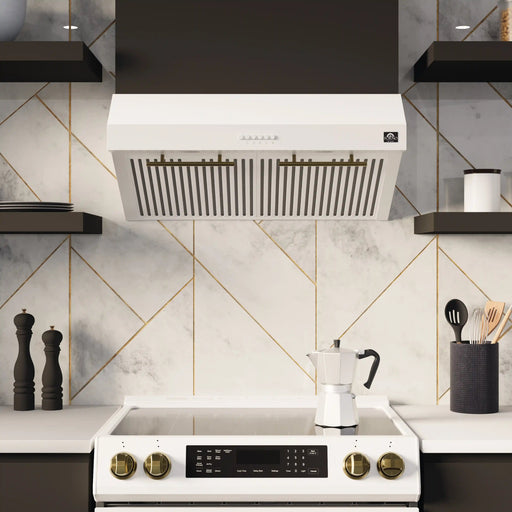 Forno Bari Espresso 30-Inch 400 CFM Under Cabinet Range Hood in White with Brass/Stainless Steel Handle FRHUC5255-30WHT FORNO