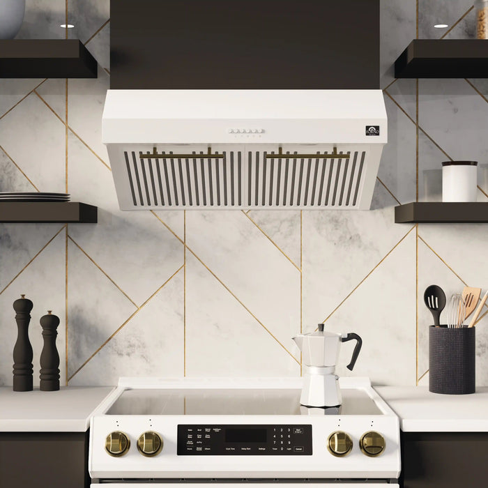 Forno Bari Espresso 30-Inch 400 CFM Under Cabinet Range Hood in White with Brass/Stainless Steel Handle FRHUC5255-30WHT FORNO