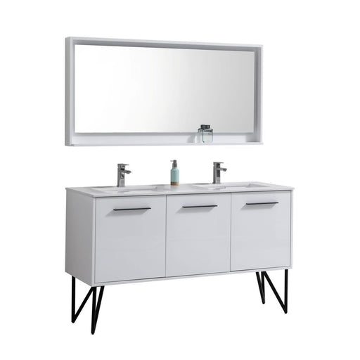 KubeBath Bosco 60" Double Sink Modern Bathroom Vanity with Quartz Countertop and Matching Mirror KubeBath