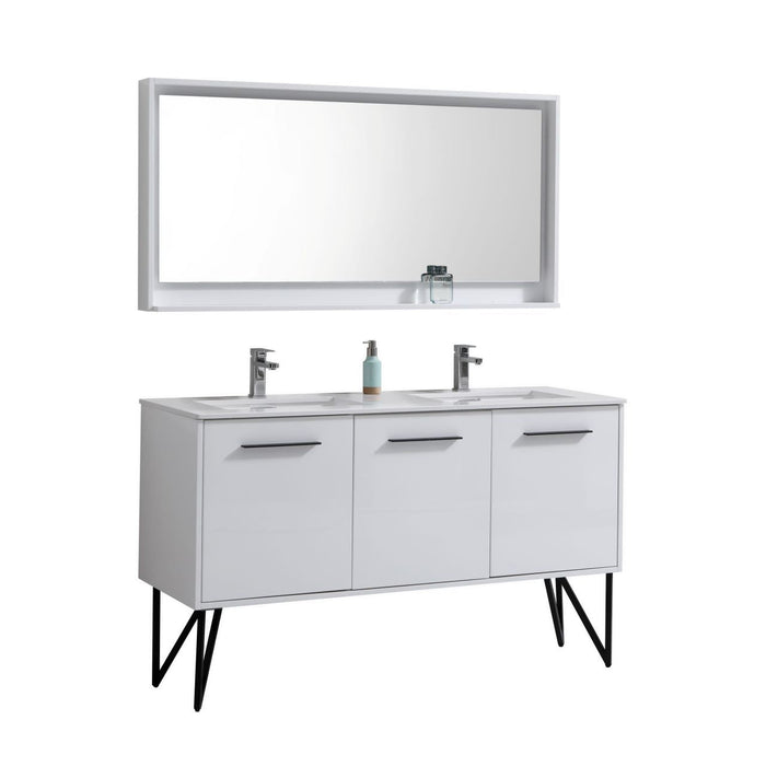 KubeBath Bosco 60" Double Sink Modern Bathroom Vanity with Quartz Countertop and Matching Mirror KubeBath