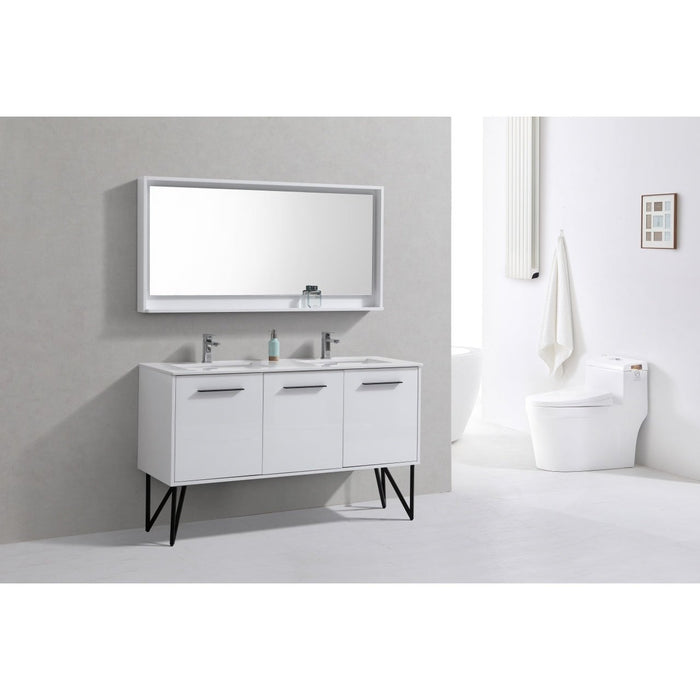 KubeBath Bosco 60" Double Sink Modern Bathroom Vanity with Quartz Countertop and Matching Mirror KubeBath
