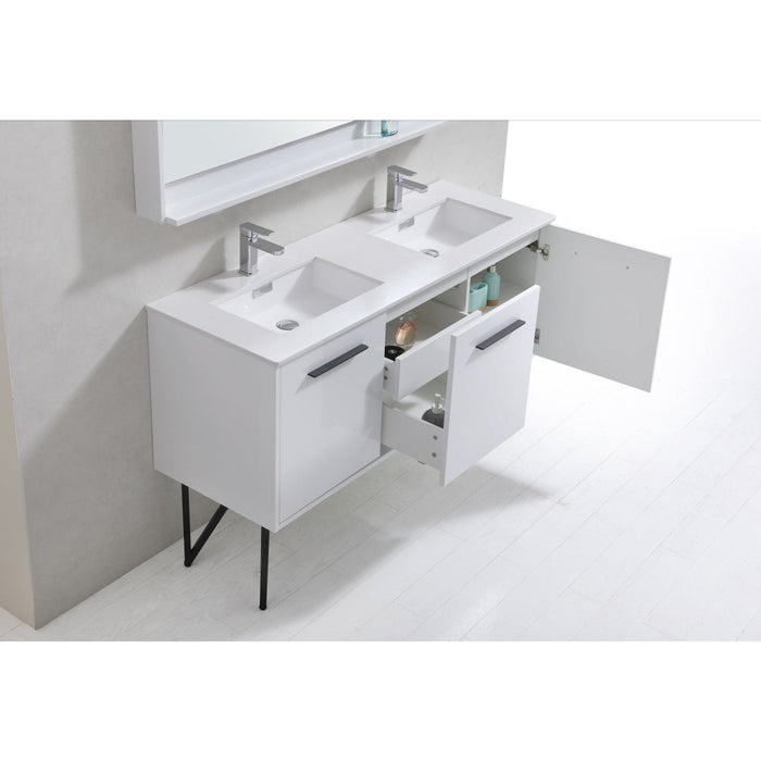 KubeBath Bosco 60" Double Sink Modern Bathroom Vanity with Quartz Countertop and Matching Mirror KubeBath