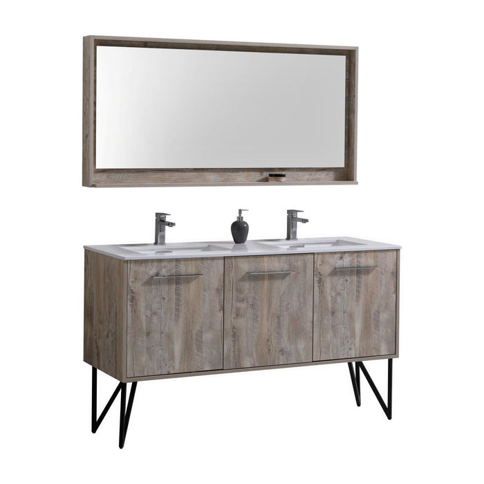 KubeBath Bosco 60" Double Sink Modern Bathroom Vanity with Quartz Countertop and Matching Mirror KubeBath