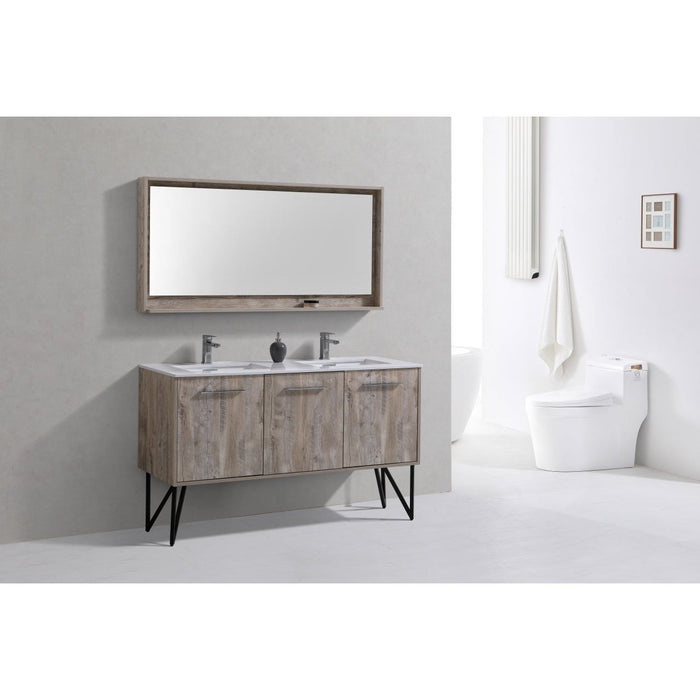 KubeBath Bosco 60" Double Sink Modern Bathroom Vanity with Quartz Countertop and Matching Mirror KubeBath