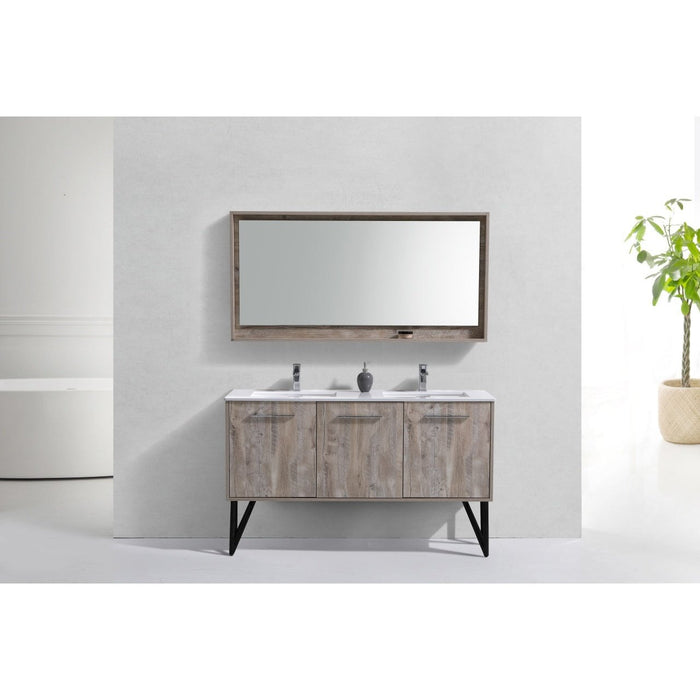 KubeBath Bosco 60" Double Sink Modern Bathroom Vanity with Quartz Countertop and Matching Mirror KubeBath