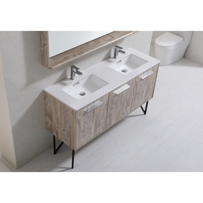 KubeBath Bosco 60" Double Sink Modern Bathroom Vanity with Quartz Countertop and Matching Mirror KubeBath