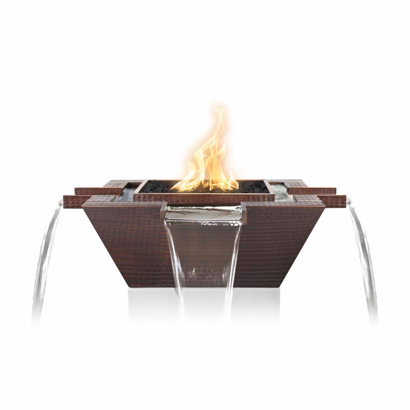 The Outdoor Plus 36" Maya Hammered Copper Fire & Water Bowl 4-Way Spill | Low Voltage Electronic Ignition